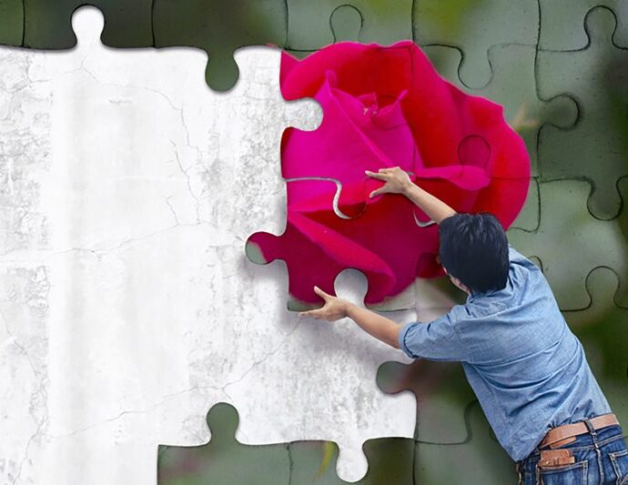Image Credit: "Man making a puzzle on the wall. empty wall with space for text" by chaiyapruek, "Soft Rose" from Lene (composite by E.L. Redwine)