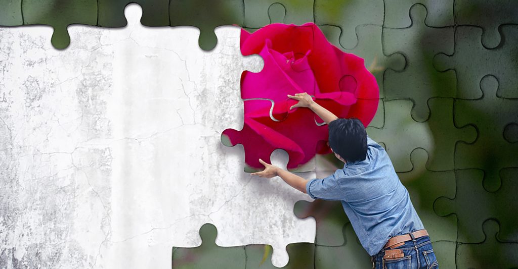 Image Credit: "Man making a puzzle on the wall. empty wall with space for text" by chaiyapruek, "Soft Rose" from Lene (composite by E.L. Redwine)