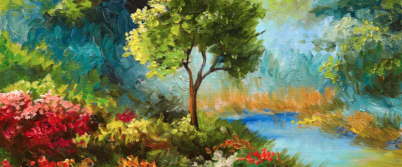 An oil painting with flowers and trees. A small tree is planted beside a blue river with reeds along its banks.