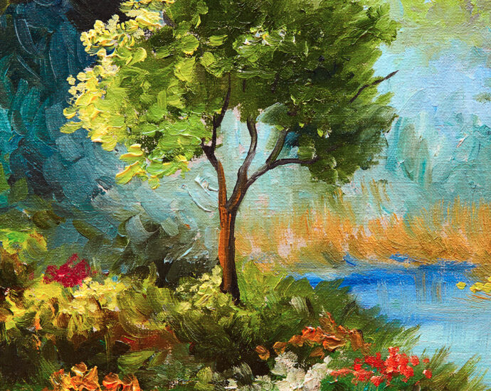 An oil painting with flowers and trees. A small tree is planted beside a blue river with reeds along its banks.