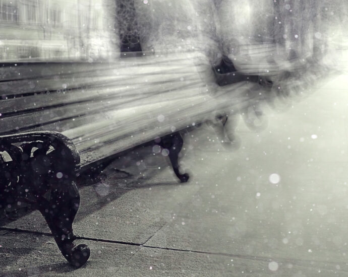 A monochrome image of snow falling softly on a line of wood and cast-iron benches that line the sidewalk in a New York City park. In the background, old buildings stretch into the distance.