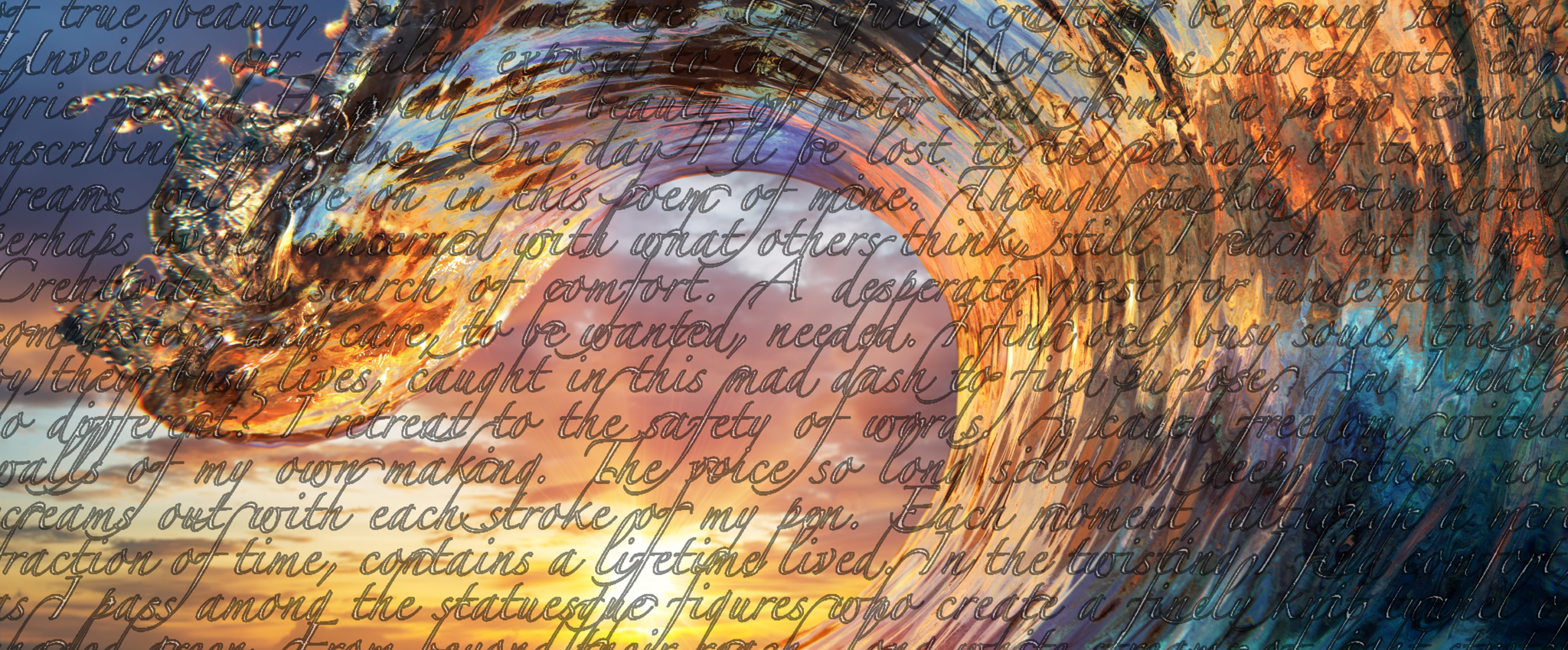 A colorful ocean wave crests as a sunset illuminates the wave against a backdrop of beautiful clouds.