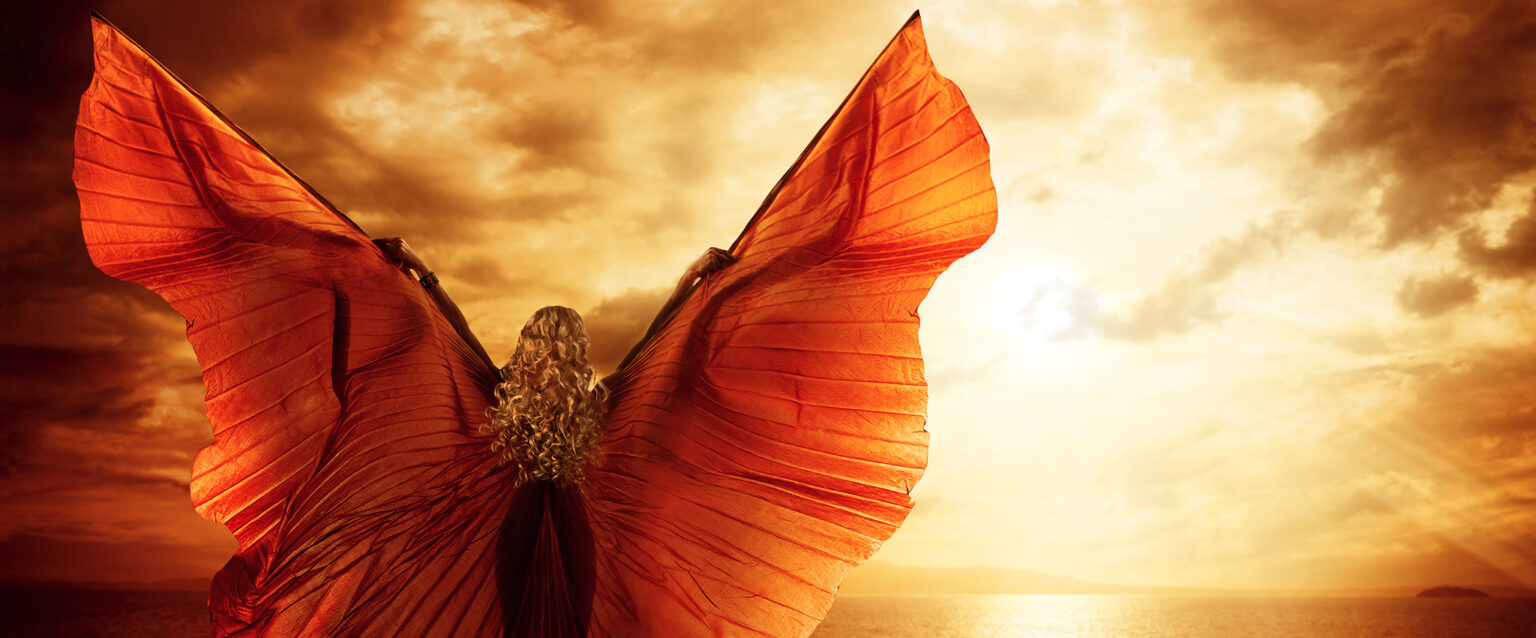 Image Credit: "Woman Dancing Wings Dress, Fashion Art Model Flying on Ocean Sky Sunset" from inarik