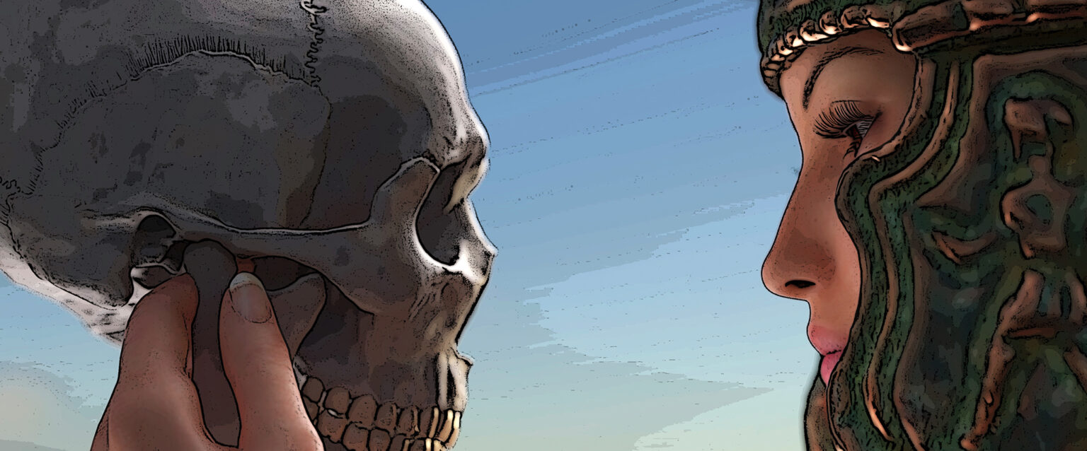 An ancient warrior woman, wearing a copper and green helmet, holds a human skull in her hand and looks into its eyes.