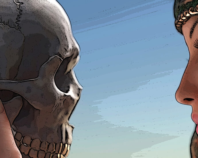 An ancient warrior woman, wearing a copper and green helmet, holds a human skull in her hand and looks into its eyes.