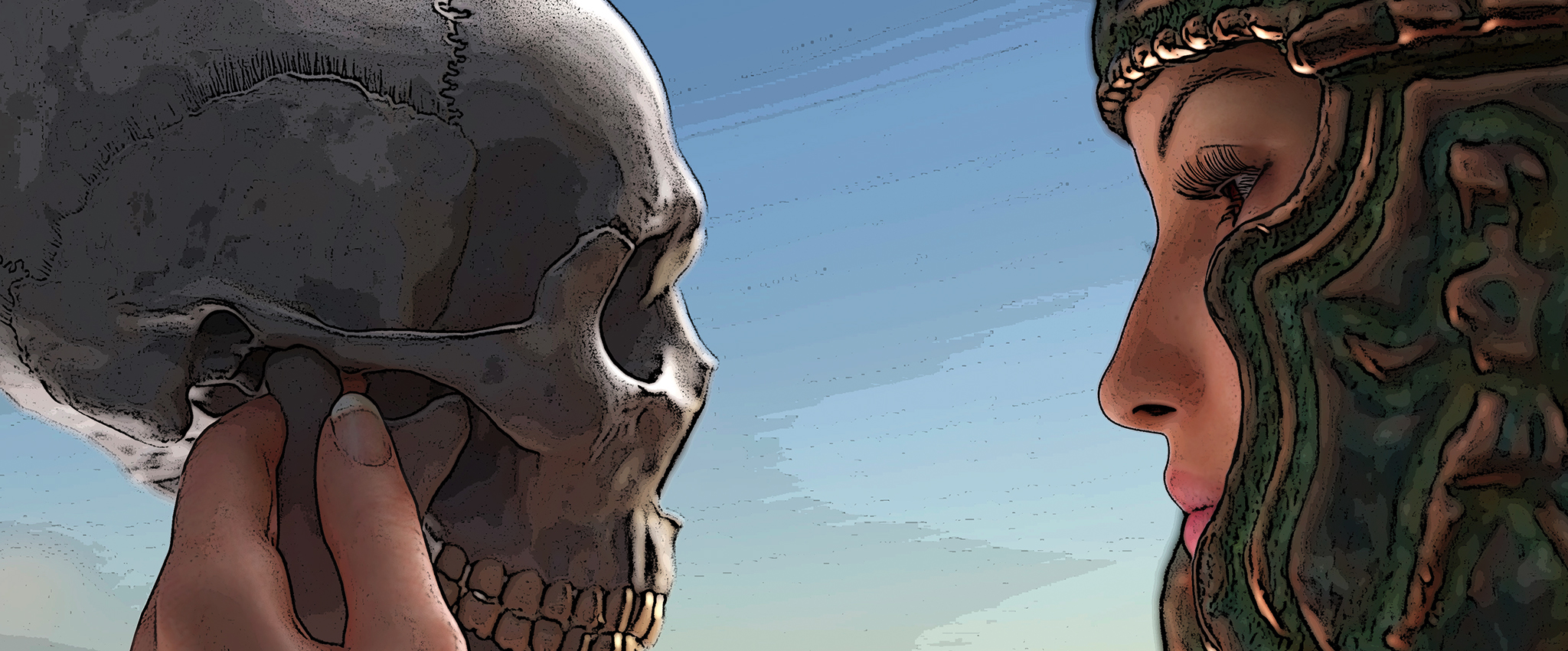 An ancient warrior woman, wearing a copper and green helmet, holds a human skull in her hand and looks into its eyes.
