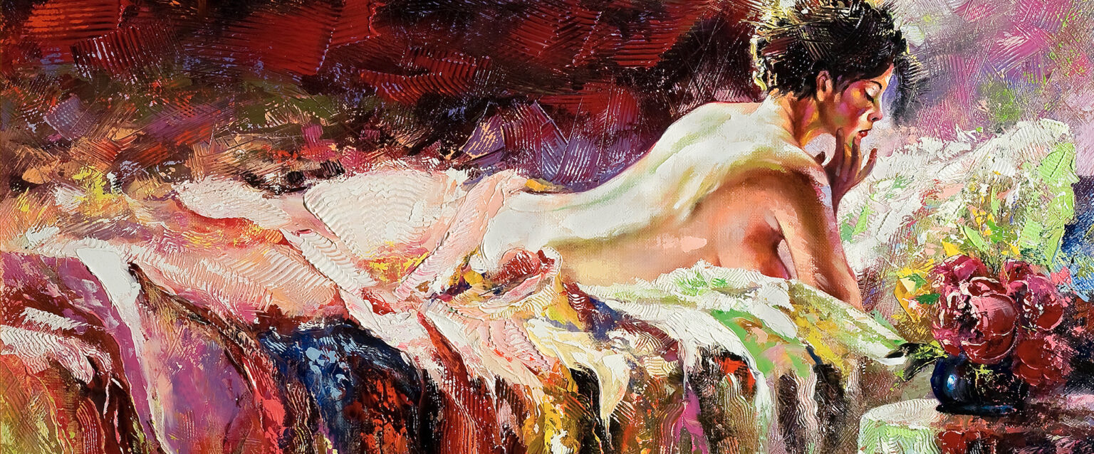 A painting of a naked woman with short curly black hair lying on a bed, half covered by colorful blankets. A vase of flowers sits on a round table beside the bed.