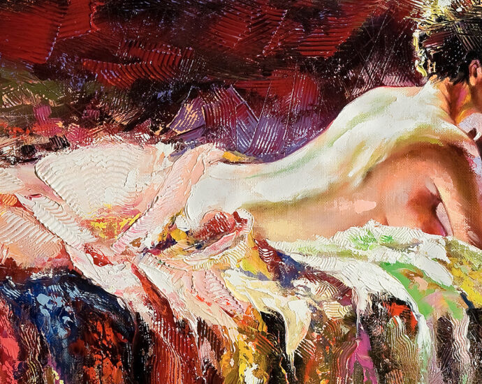 A painting of a naked woman with short curly black hair lying on a bed, half covered by colorful blankets. A vase of flowers sits on a round table beside the bed.