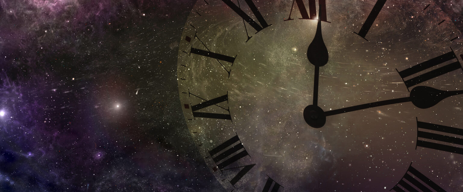 A semi-transparent clock with black Roman numerals in space.