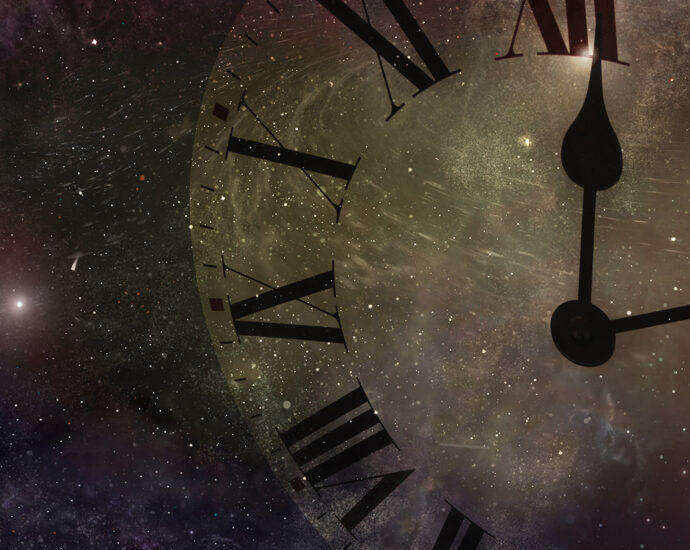 A semi-transparent clock with black Roman numerals in space.