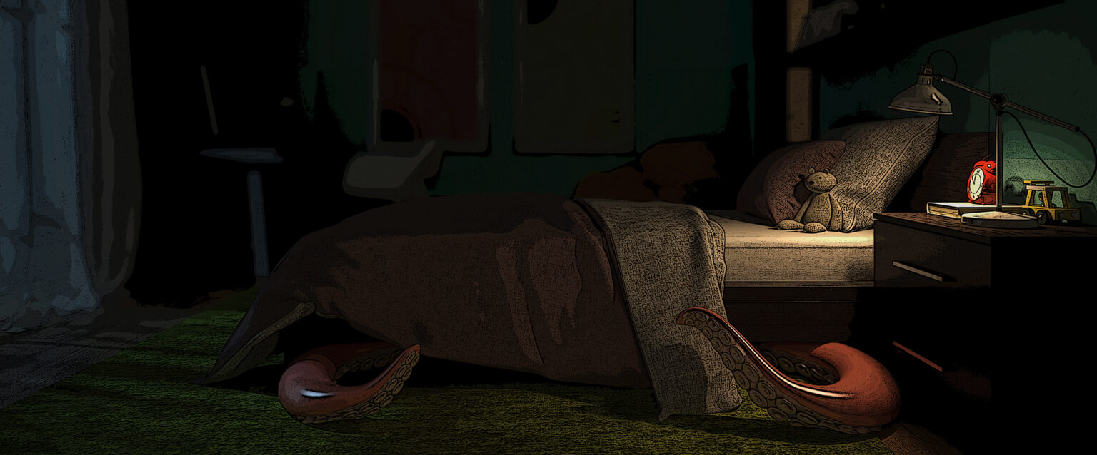 A 3D rendering of a darkened child's room at night. A red alarm clock sits atop a book beside a lamp on the nightstand, illuminating part of the room. The blanket and sheet are pulled down, and the bed lies empty save for two pillows and a teddy bear. From beneath the bed, two tentacles reach out.
