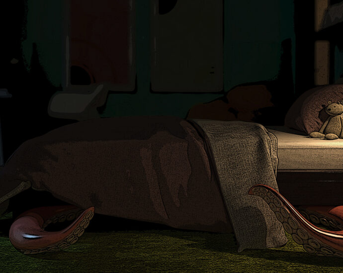 A 3D rendering of a darkened child's room at night. A red alarm clock sits atop a book beside a lamp on the nightstand, illuminating part of the room. The blanket and sheet are pulled down, and the bed lies empty save for two pillows and a teddy bear. From beneath the bed, two tentacles reach out.
