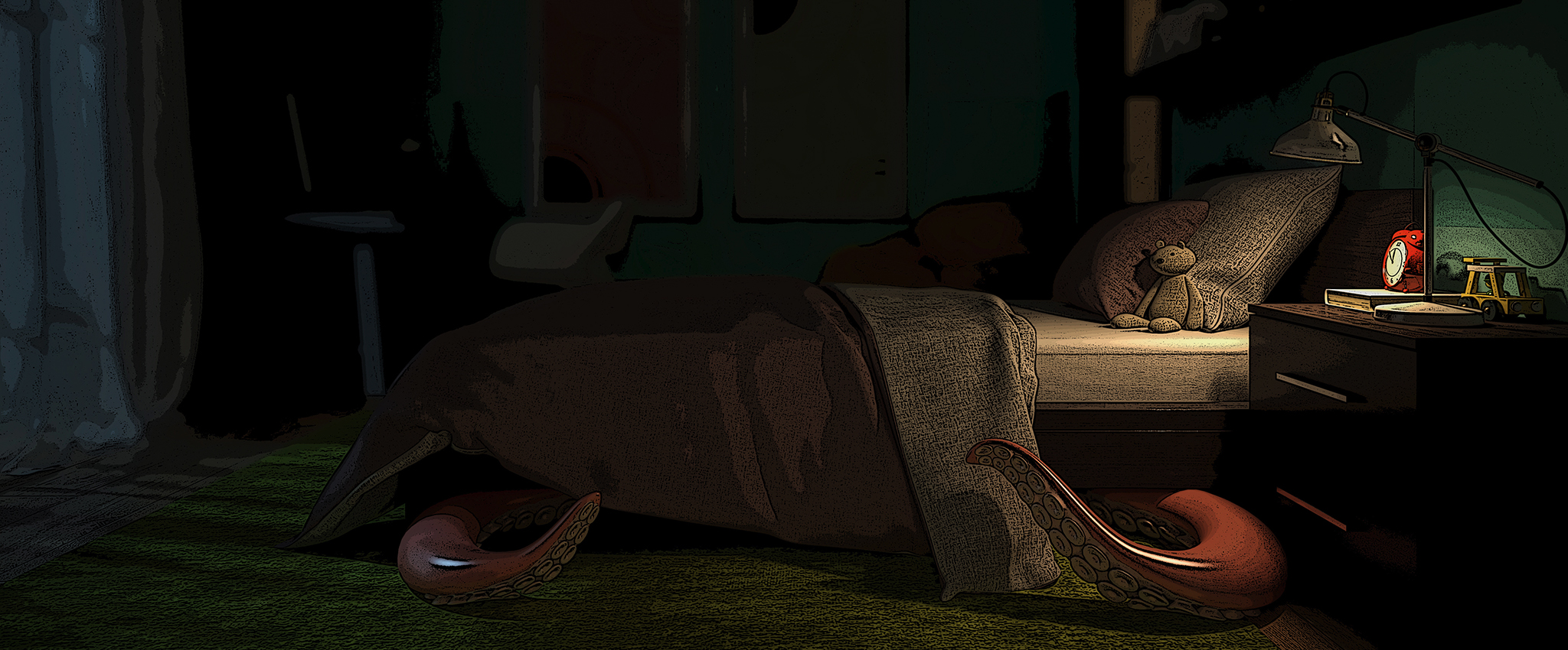 A 3D rendering of a darkened child's room at night. A red alarm clock sits atop a book beside a lamp on the nightstand, illuminating part of the room. The blanket and sheet are pulled down, and the bed lies empty save for two pillows and a teddy bear. From beneath the bed, two tentacles reach out.
