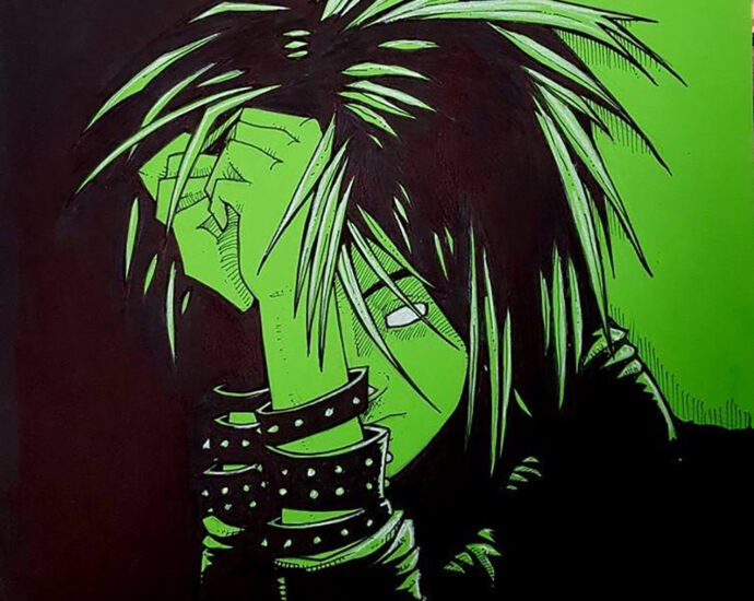 Black and white hand-drawn and inked artwork on fluorescent-green paper. A drawing of a young man (Cromwell Green) with his hands together in front of his face sits in front of a large moon. His forehead rests against his fists. Cromwell is dressed in black with three spiked wristbands on each wrist. His long, spiked hair hangs over his hands. His white eyes are devoid of pupils and irises.