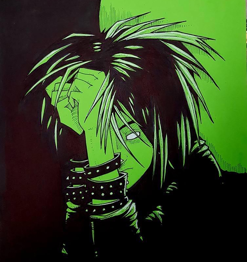 Black and white hand-drawn and inked artwork on fluorescent-green paper. A drawing of a young man (Cromwell Green) with his hands together in front of his face sits in front of a large moon. His forehead rests against his fists. Cromwell is dressed in black with three spiked wristbands on each wrist. His long, spiked hair hangs over his hands. His white eyes are devoid of pupils and irises.