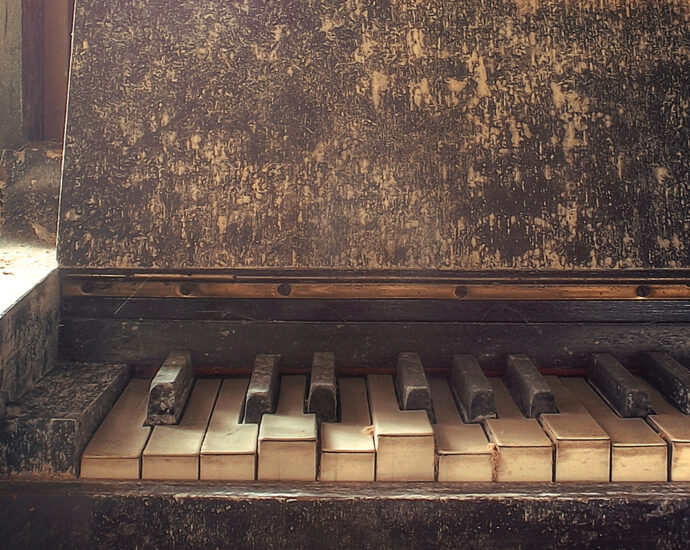 Out of tune and out of time. An old, broken-down piano with well-worn keys was found abandoned in a derelict Irish farmhouse.