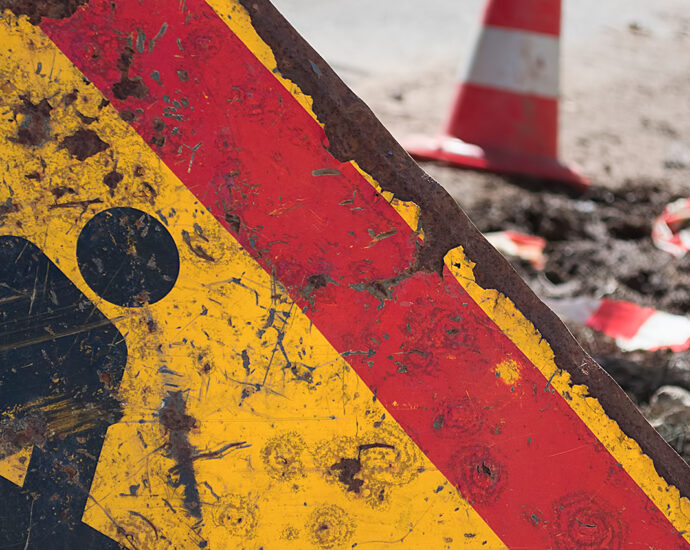 A damaged and rusty yellow and red road sign with a black illustration of a man digging with a shovel sits beside a road, alerting drivers to road work ahead. Beyond the sign, evidence of road work is seen: overturned dirt, a roadside orange caution cone with a wide white horizontal-stripe, and a crumpled section of orange and white caution tape.