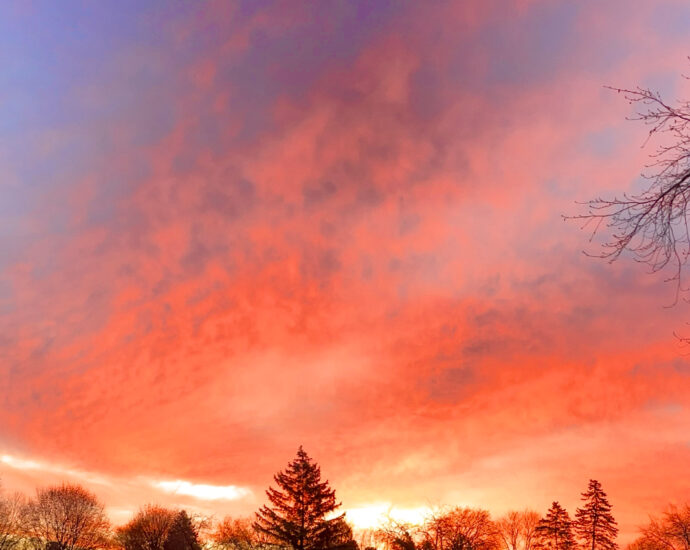 The beautiful red and gold shimmerings of the rising sun streak across the stippled clouds, contrasting with the iridescent blue morning sky.