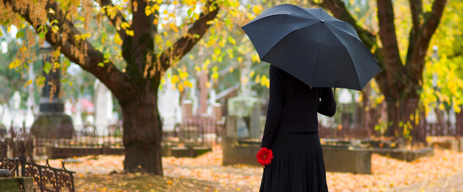 A woman in mourning, in a black coat and dress, with a black umbrella and a single red flower in her hand, faces a cemetery in Fall.