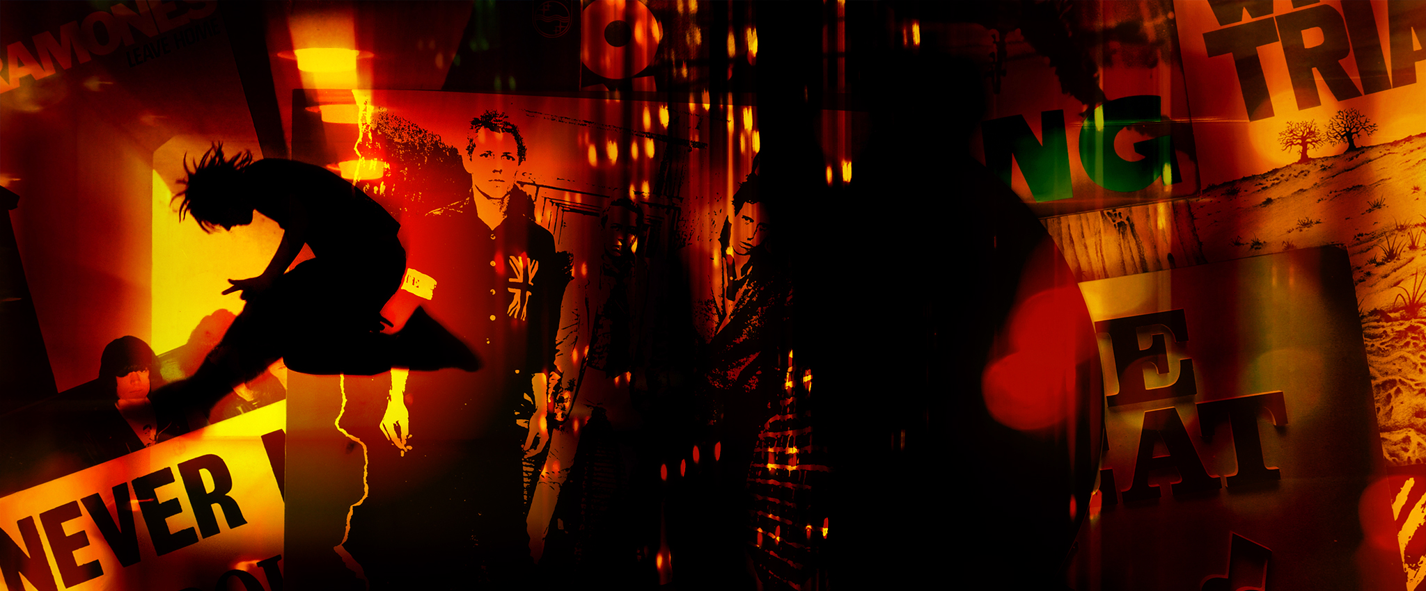 A photo composite of vintage punk vinyl album sleeves from the late 1970s and early 1980s, including Ramones, The Clash, Sex Pistols, The Fall, Savage Republic, and Dead Kennedys. The overlayed image contains the silhouette of a spike-haired punk rocker jumping with one leg in front and the other bent backward at the knee. Overall the finished piece is red, orange, yellow, and black with elements that obscure the LP art behind it.