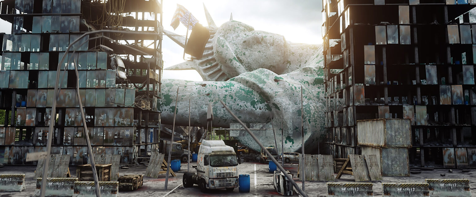 Apocalyptic view of a destroyed New York City. The Statue of Liberty lies on her side behind two half-destroyed office buildings. 3D rendering.