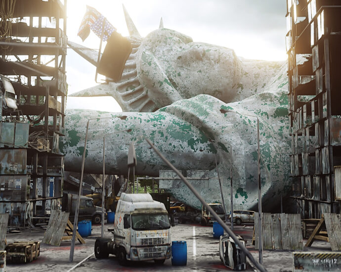 Apocalyptic view of a destroyed New York City. The Statue of Liberty lies on her side behind two half-destroyed office buildings. 3D rendering.