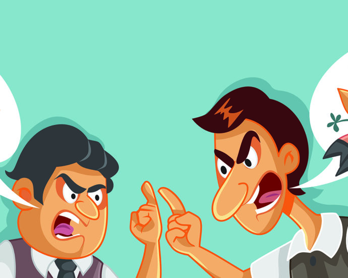 Cartoon rendering of two men arguing and insulting each other. Enemies arguing and name-calling.