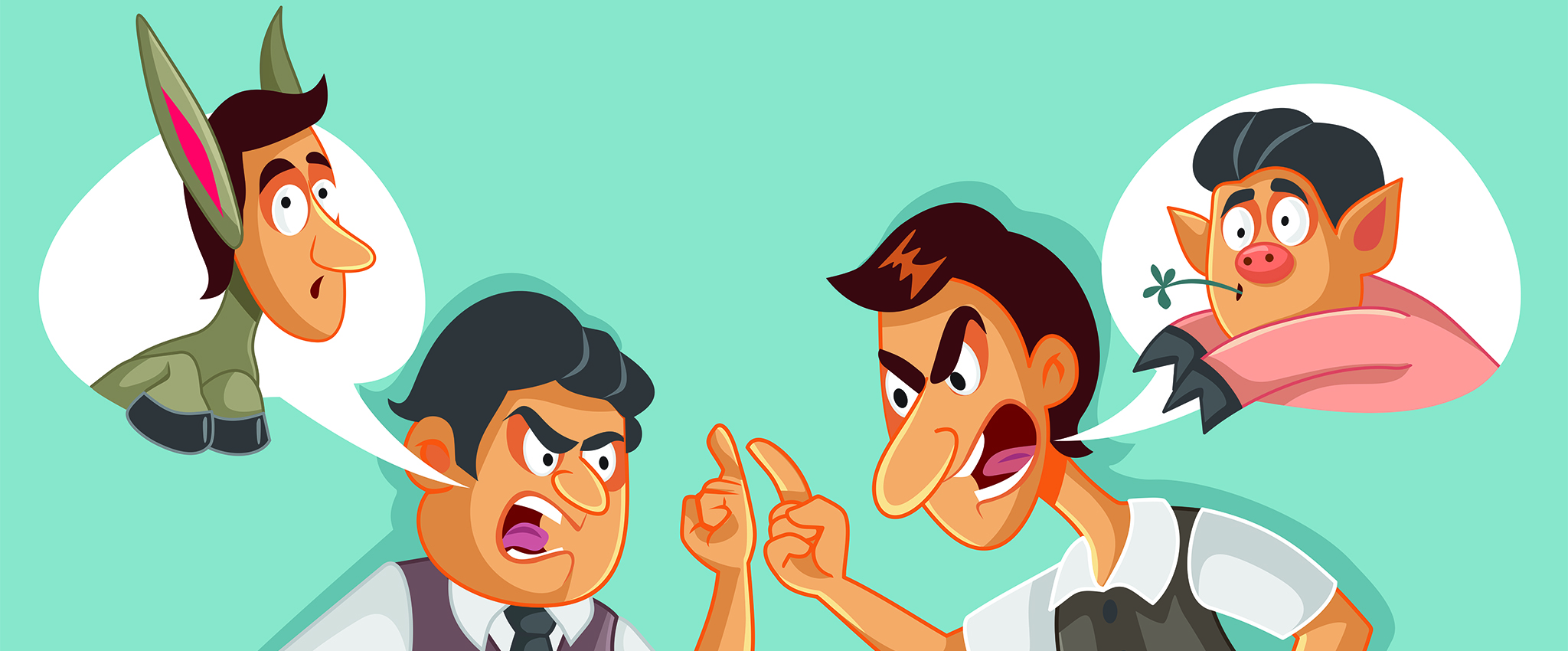 Cartoon rendering of two men arguing and insulting each other. Enemies arguing and name-calling.