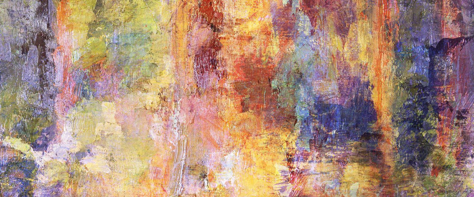 An abstract painting. Colorful red, yellow, blue, green, violet, purple, orange, white, black, and pink strokes create a distorted, grungy, authentic aesthetic feel.