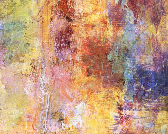 An abstract painting. Colorful red, yellow, blue, green, violet, purple, orange, white, black, and pink strokes create a distorted, grungy, authentic aesthetic feel.