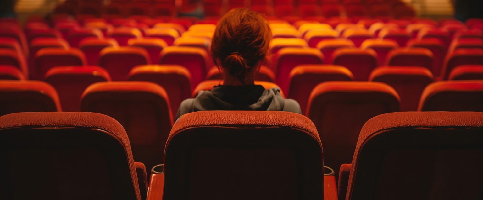A lonely woman sits alone in the back row of an empty movie theater. The orange/red seats are illuminated, from above, by a yellow light.