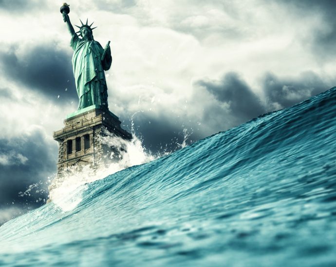 Statue of liberty under attack illustration. Global warming, dem