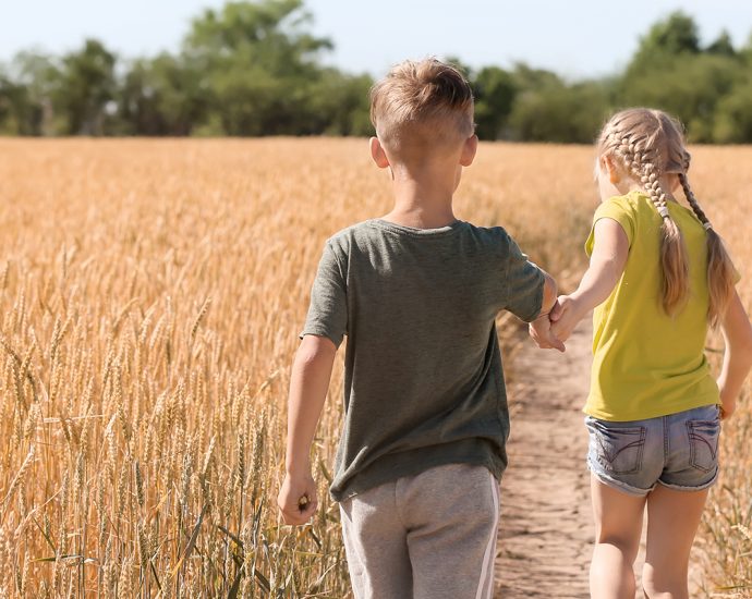 Two children walk hand in hand down a dirt path through a golden wheat field, seen from behind.