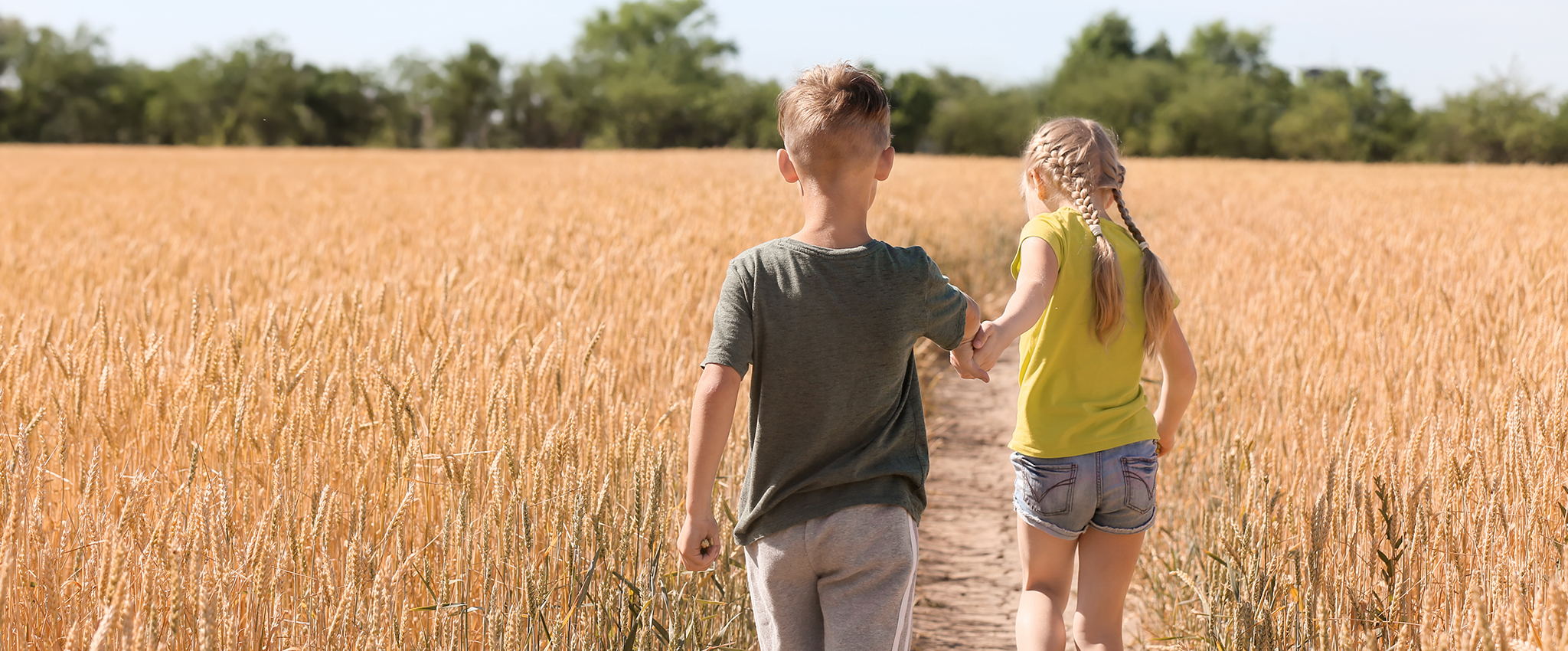 Cute little children running in wheat field on sunny day | E.L. Redwine Two children walk hand in hand down a dirt path through a golden wheat field, seen from behind.
