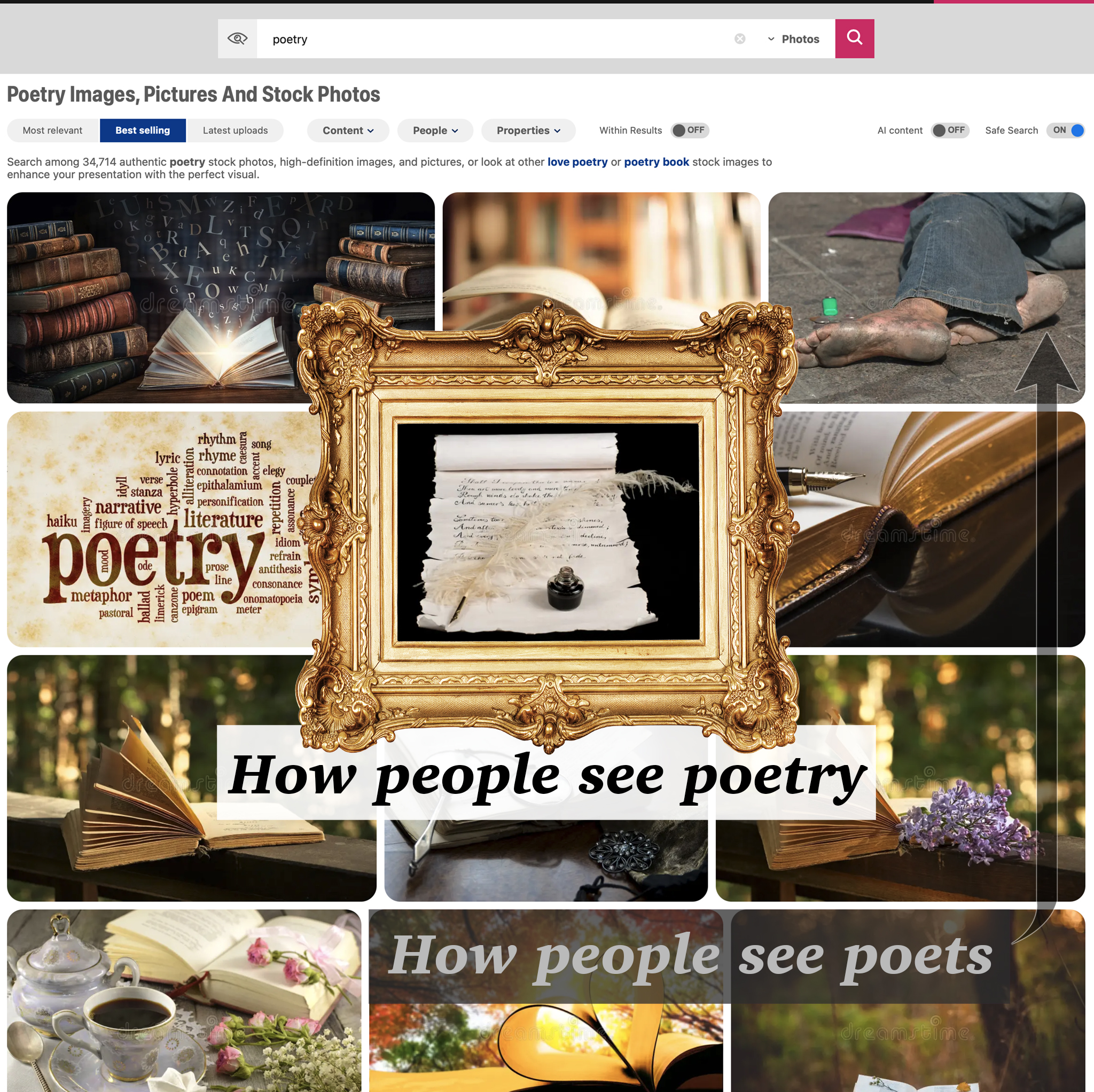 Screenshot | E.L. Redwine Collage of poetry-themed images arranged in a grid, framed by an ornate gold frame. Includes open books, a word cloud of poetry terms, and writing objects.